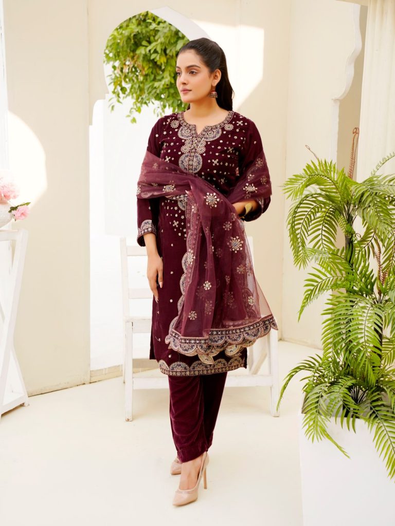 Maroon Velvet Embroidered - Candy Women Suits